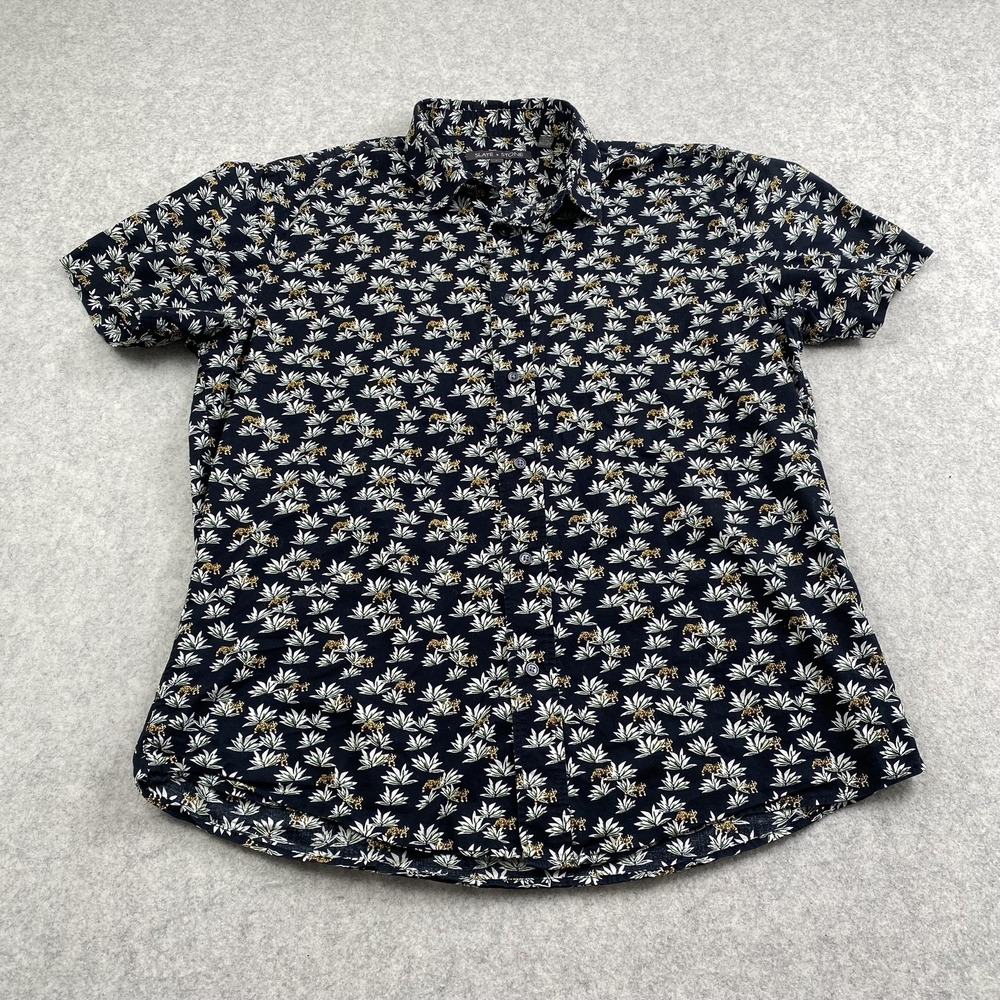 Slate & Stone Shirt Mens Large Blue Tropical Leopard Short Sleeve Button Up